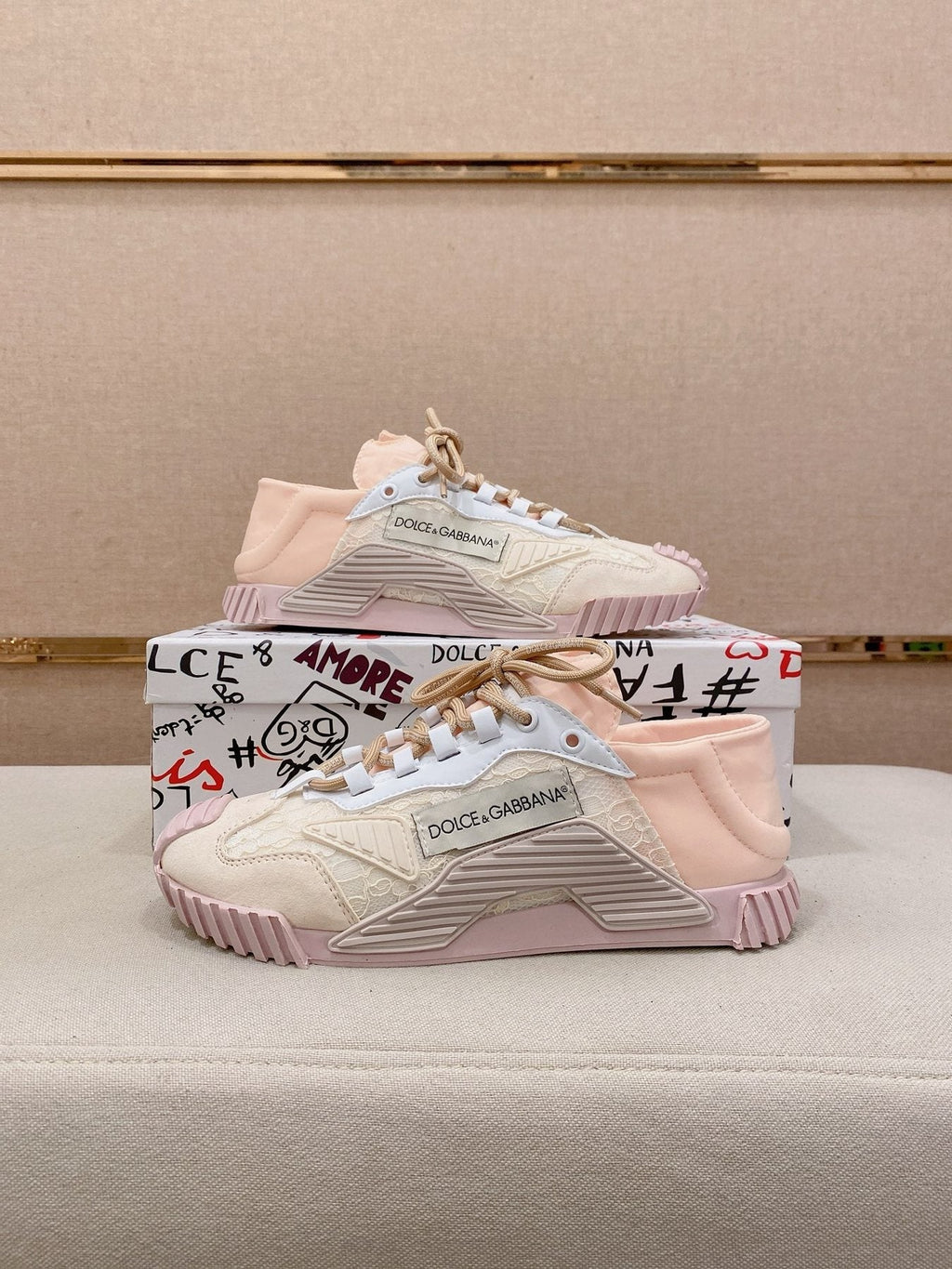 Dolce & Gabbana Pale Pink Cream Low-Top Sneakers — side