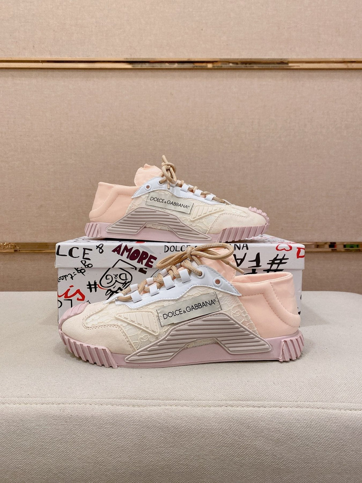Dolce & Gabbana Pale Pink Cream Low-Top Sneakers — side