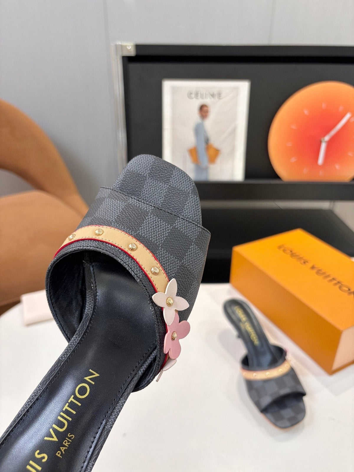 Louis Vuitton Checkered Floral Slingback Heeled Sandals — front
