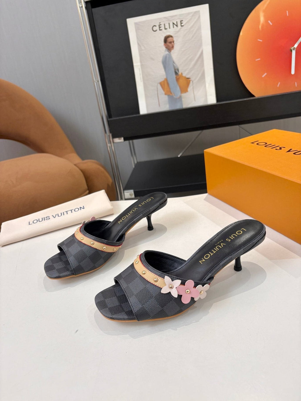 Louis Vuitton Checkered Floral Slingback Heeled Sandals — side