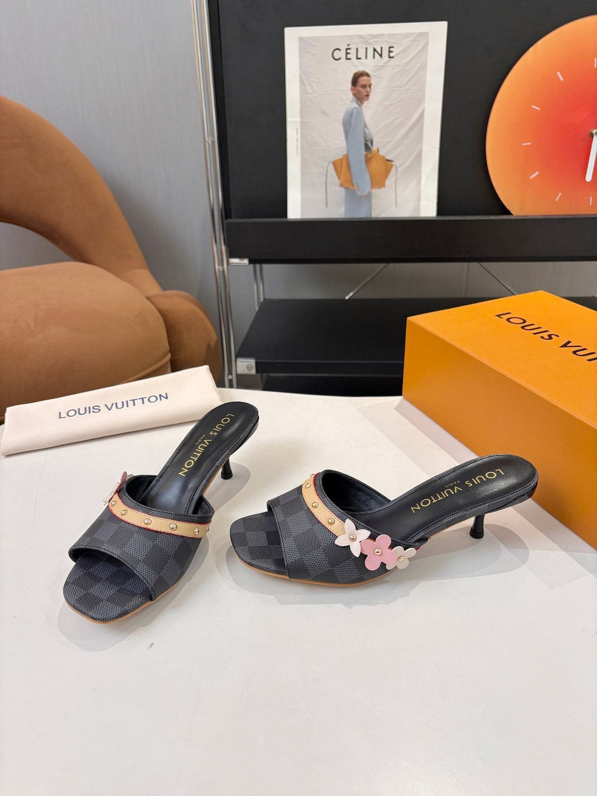 Louis Vuitton Checkered Floral Slingback Heeled Sandals — side