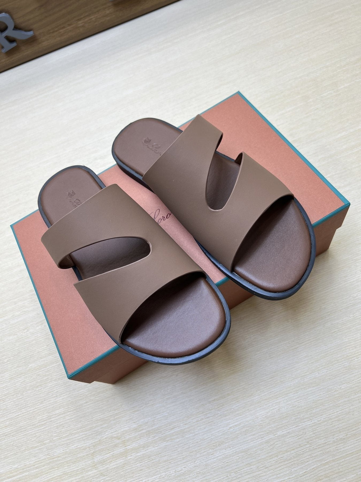 Loro Piana Taupe Brown Crossover Slide Sandals — side