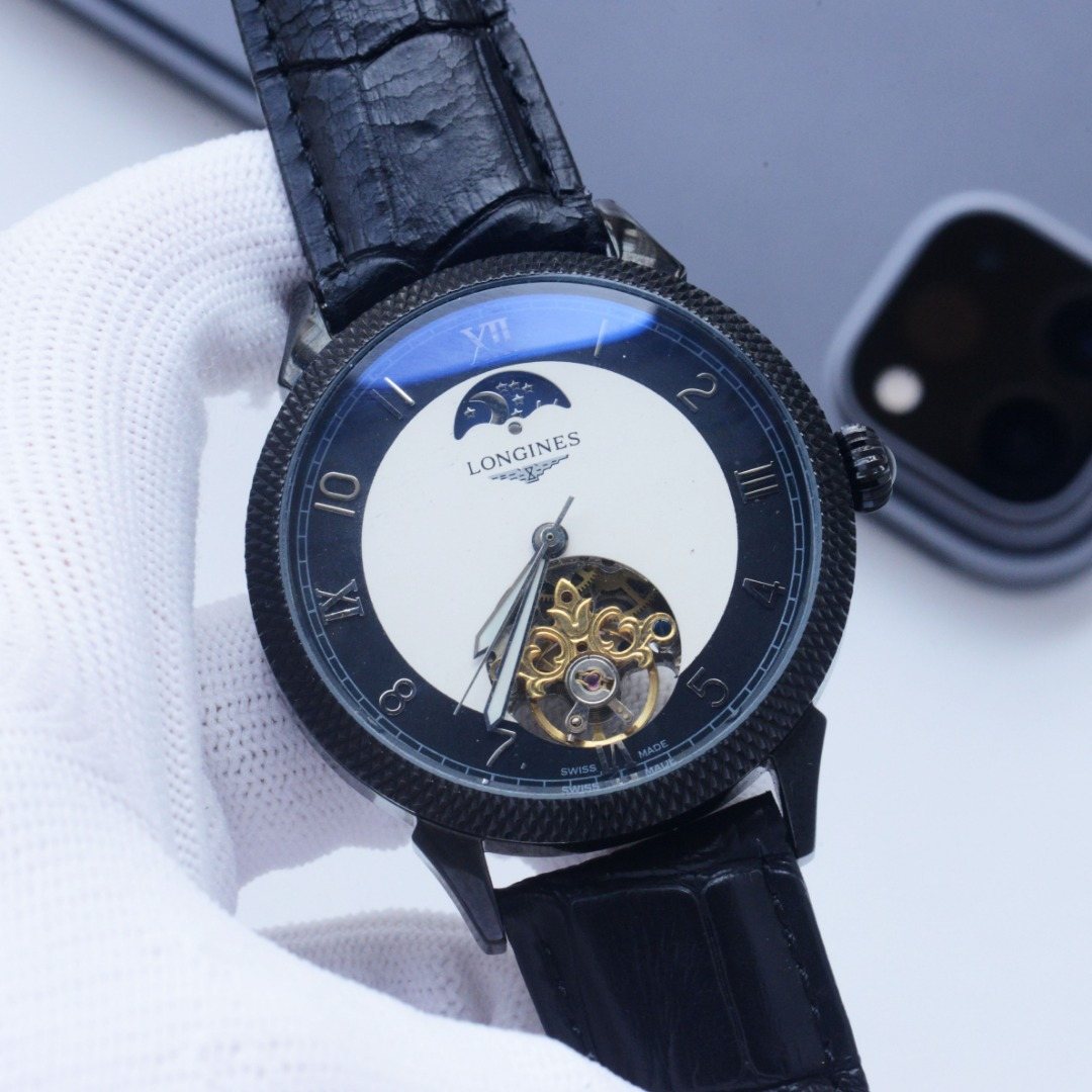 Longines Gold Black White Dial Strap Watch — hero