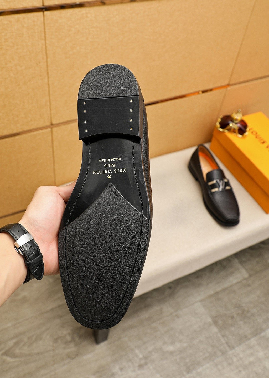 Louis Vuitton Black Pebbled Leather Loafers — detail