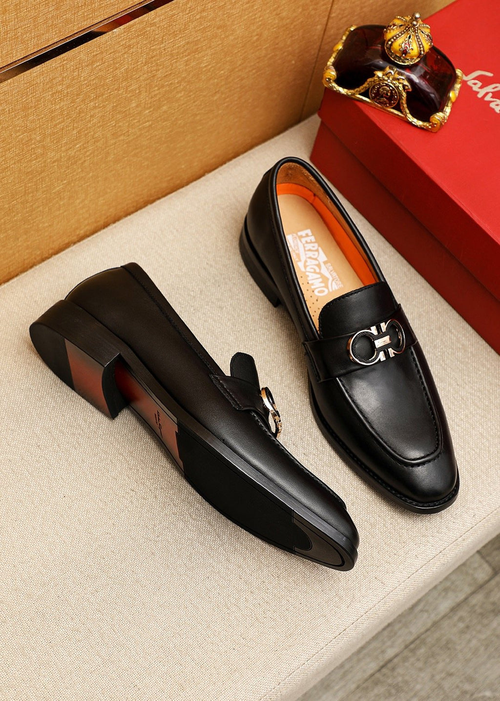 Ferragamo Black Buckle Loafers — front