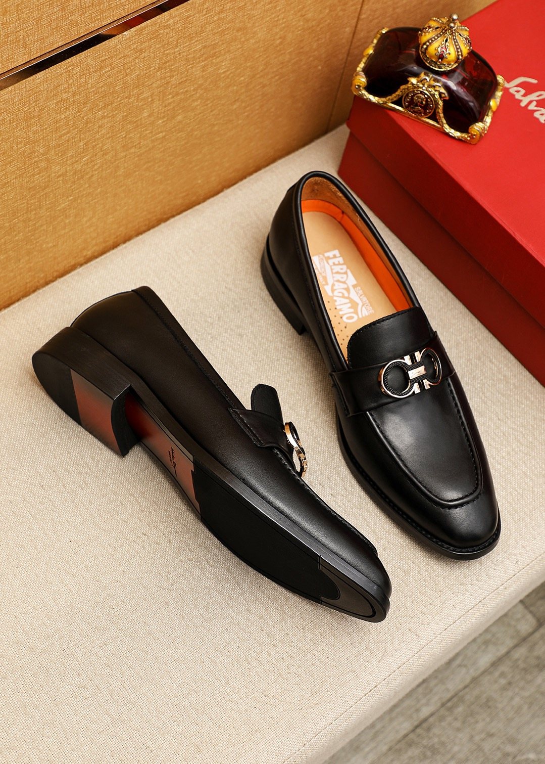 Ferragamo Black Buckle Loafers — front