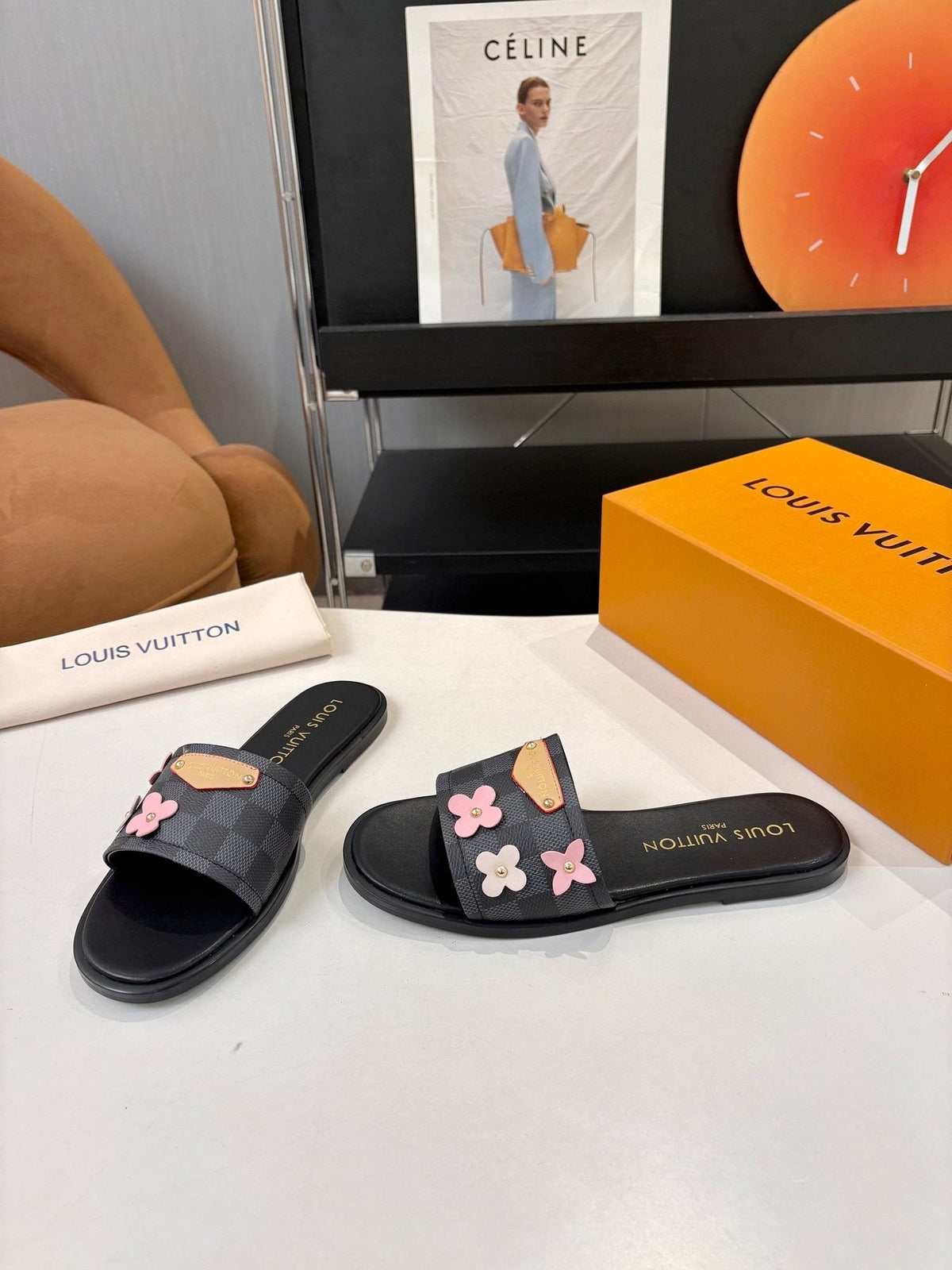 Louis Vuitton Floral Appliqué Slide Sandals — front