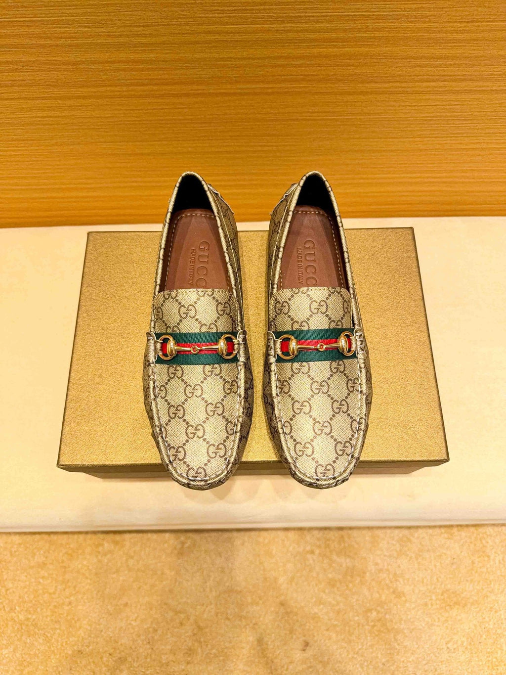 Gucci Beige Tan Monogram Horsebit Loafers — hero