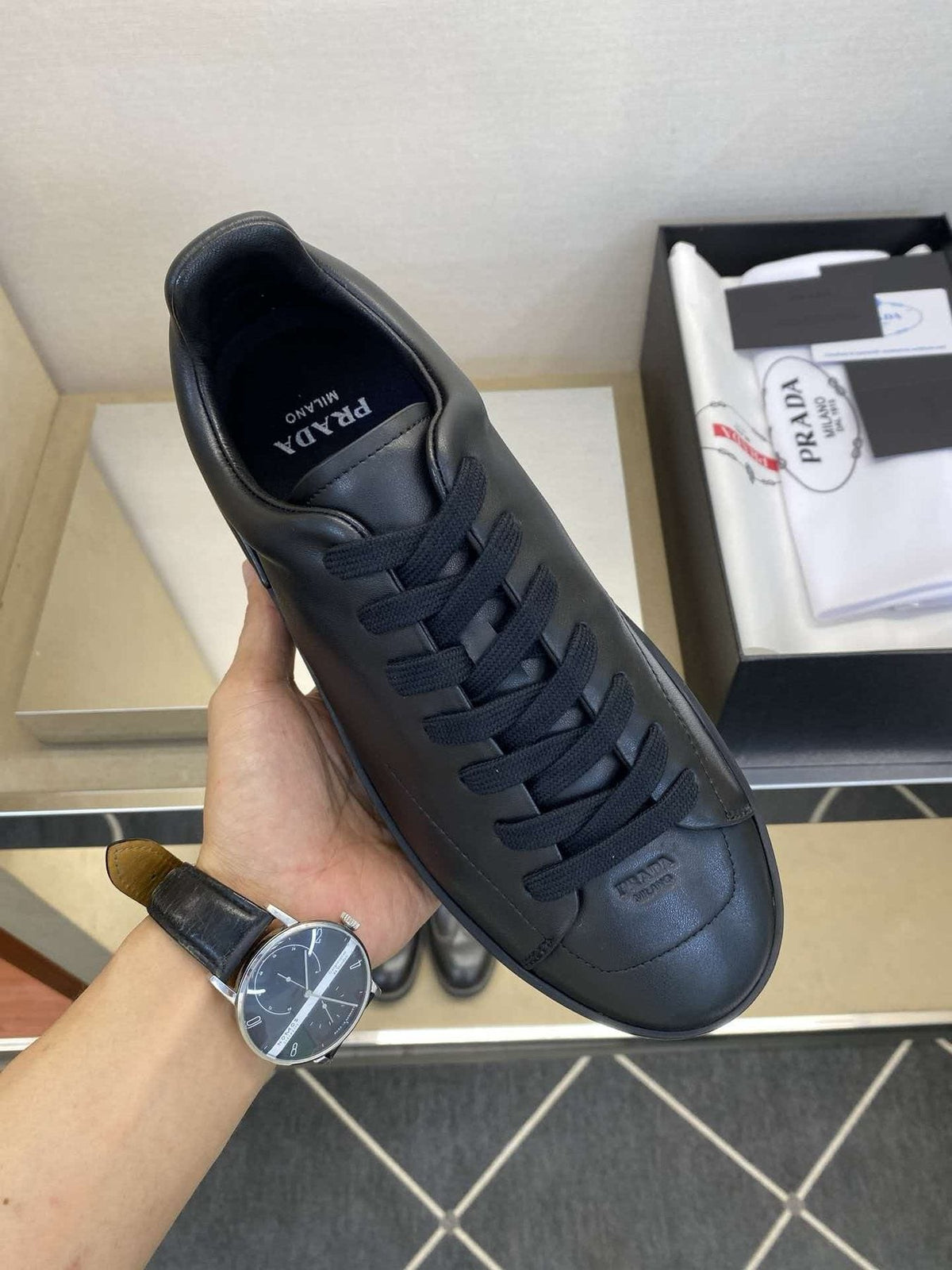 Prada Black Lace-Up Low-Top Sneakers — model