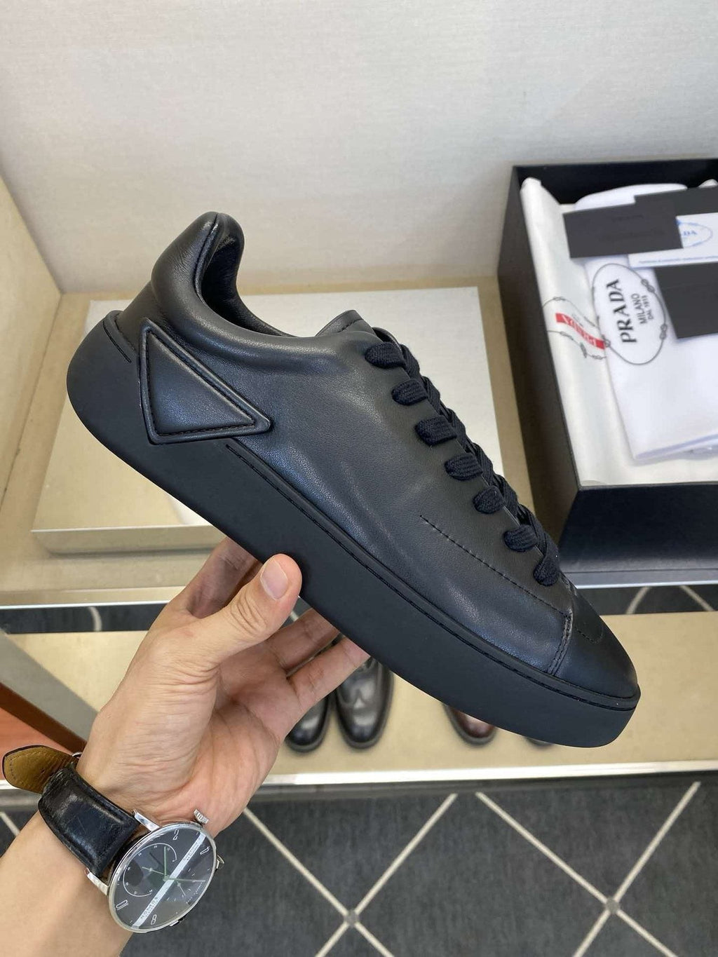 Prada Black Lace-Up Low-Top Sneakers — side
