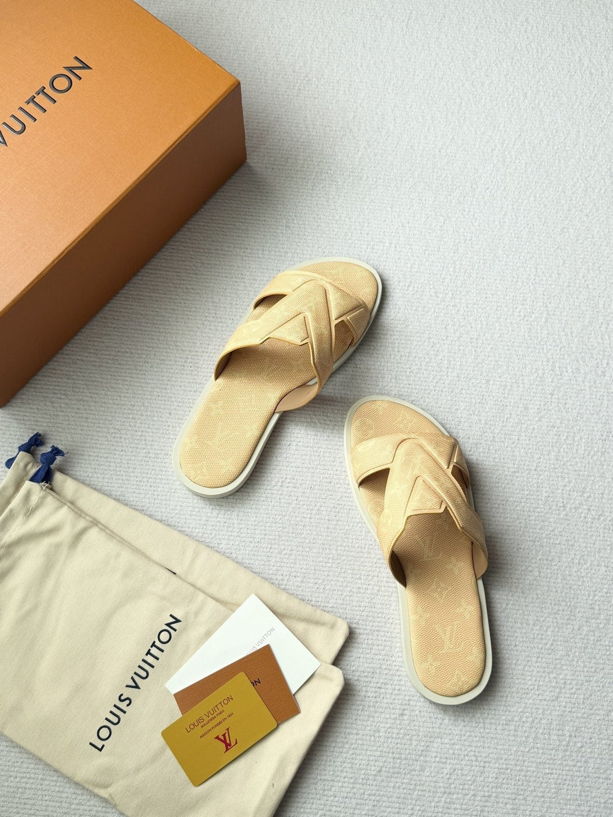 Louis Vuitton Beige Logo Slide Sandals — side