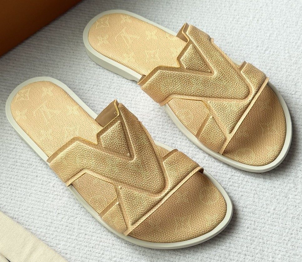 Louis Vuitton Beige Logo Slide Sandals — hero