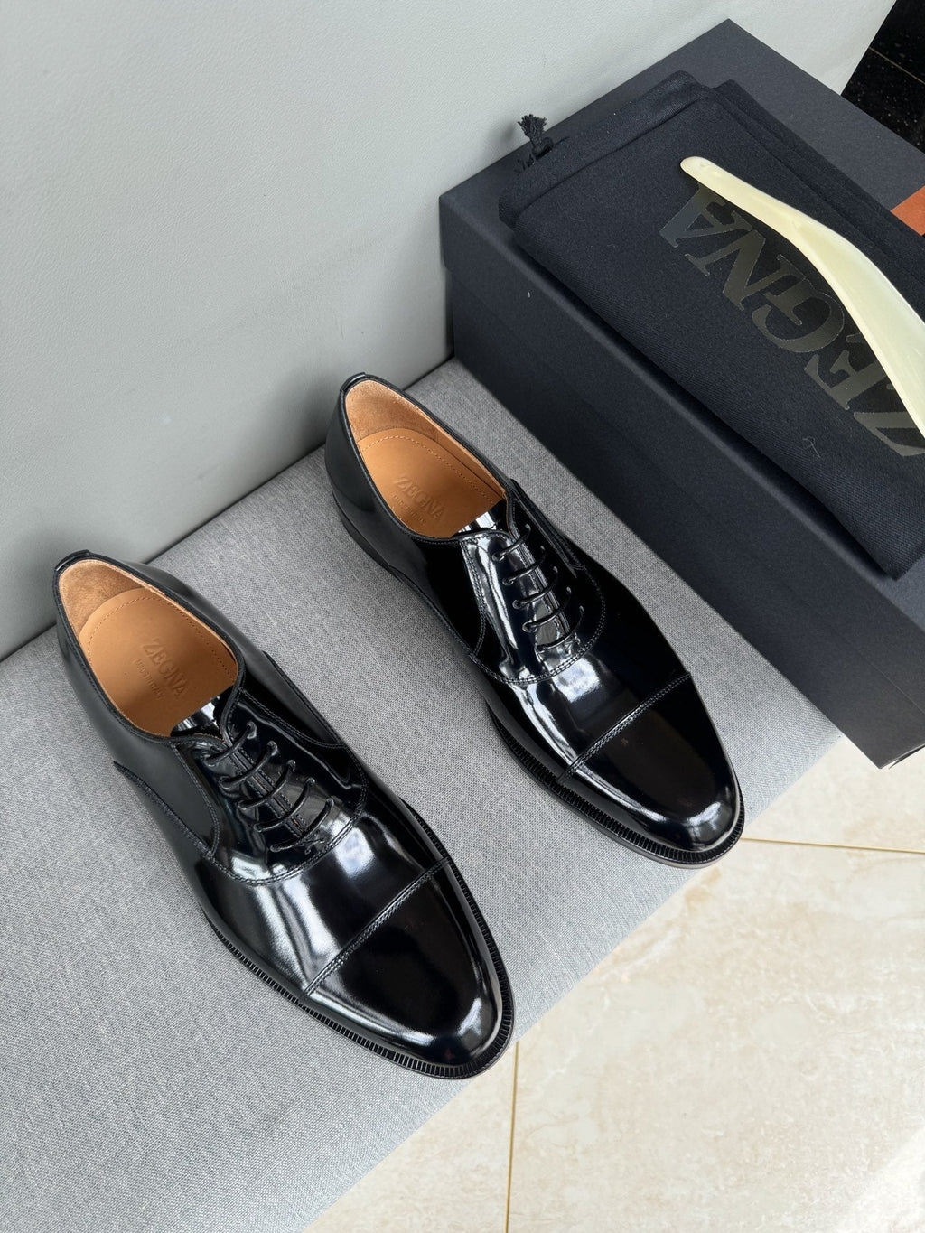 ZEGNA Black Patent Leather Oxford Shoes — hero