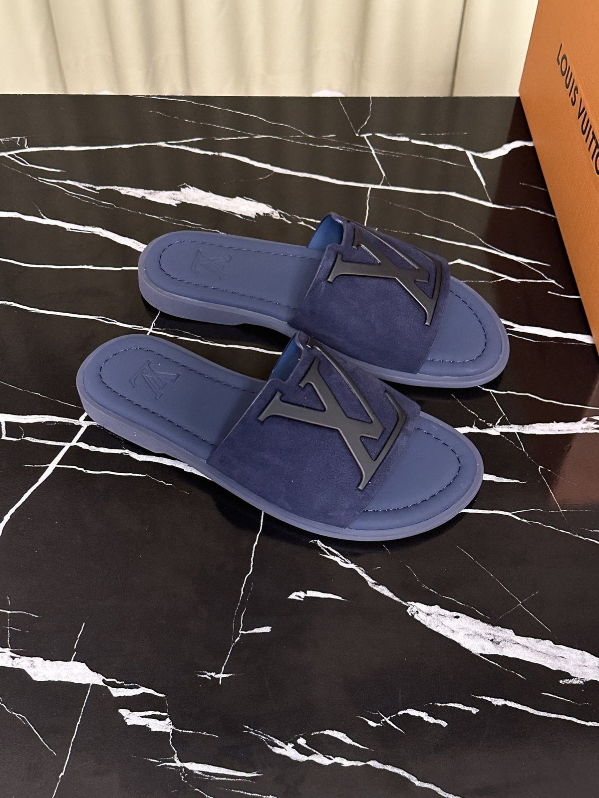 Louis Vuitton Navy Blue Logo Slide Sandals — front