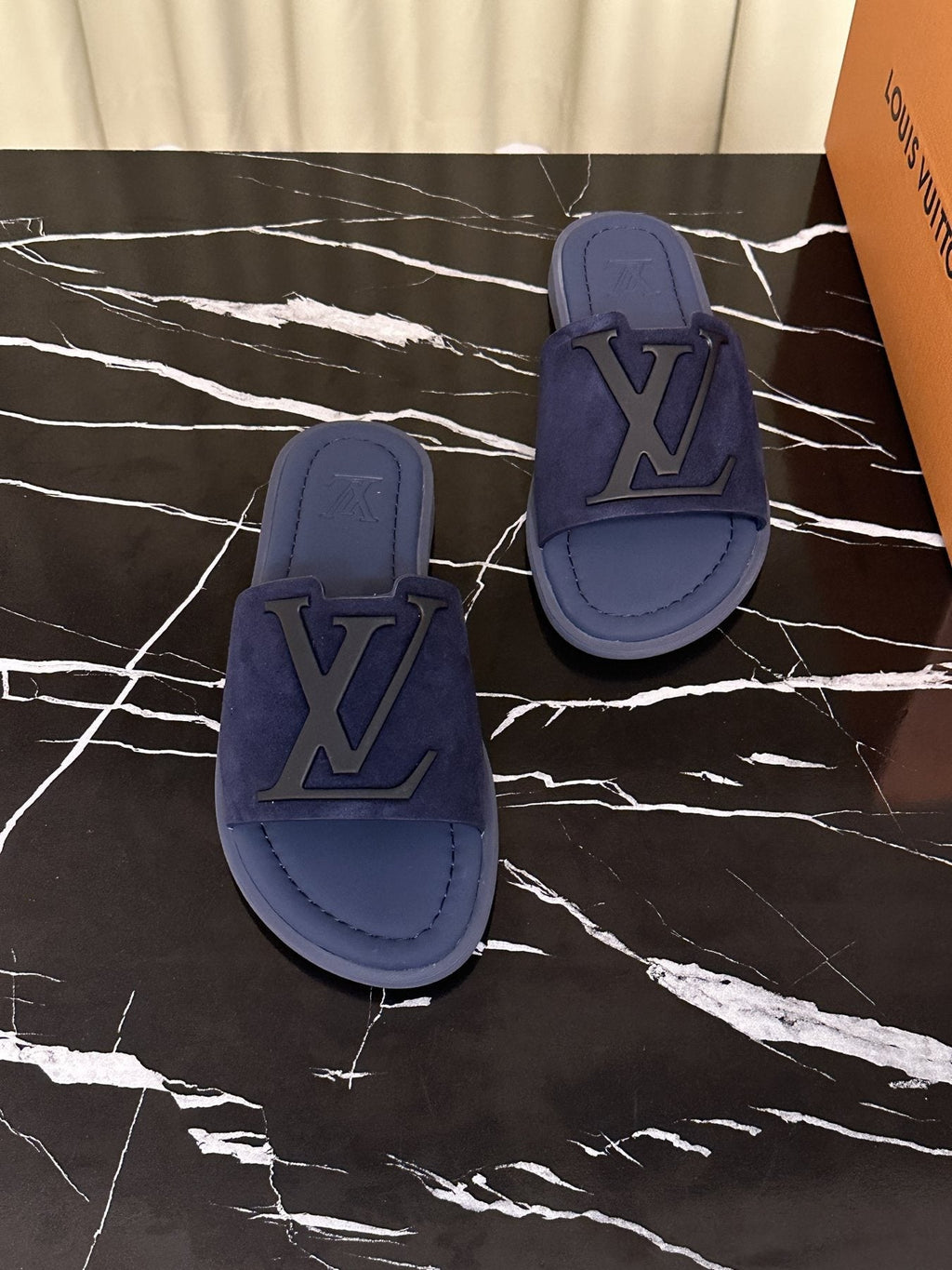 Louis Vuitton Navy Blue Logo Slide Sandals — front