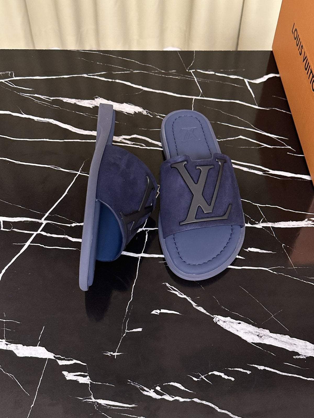 Louis Vuitton Navy Blue Logo Slide Sandals — side