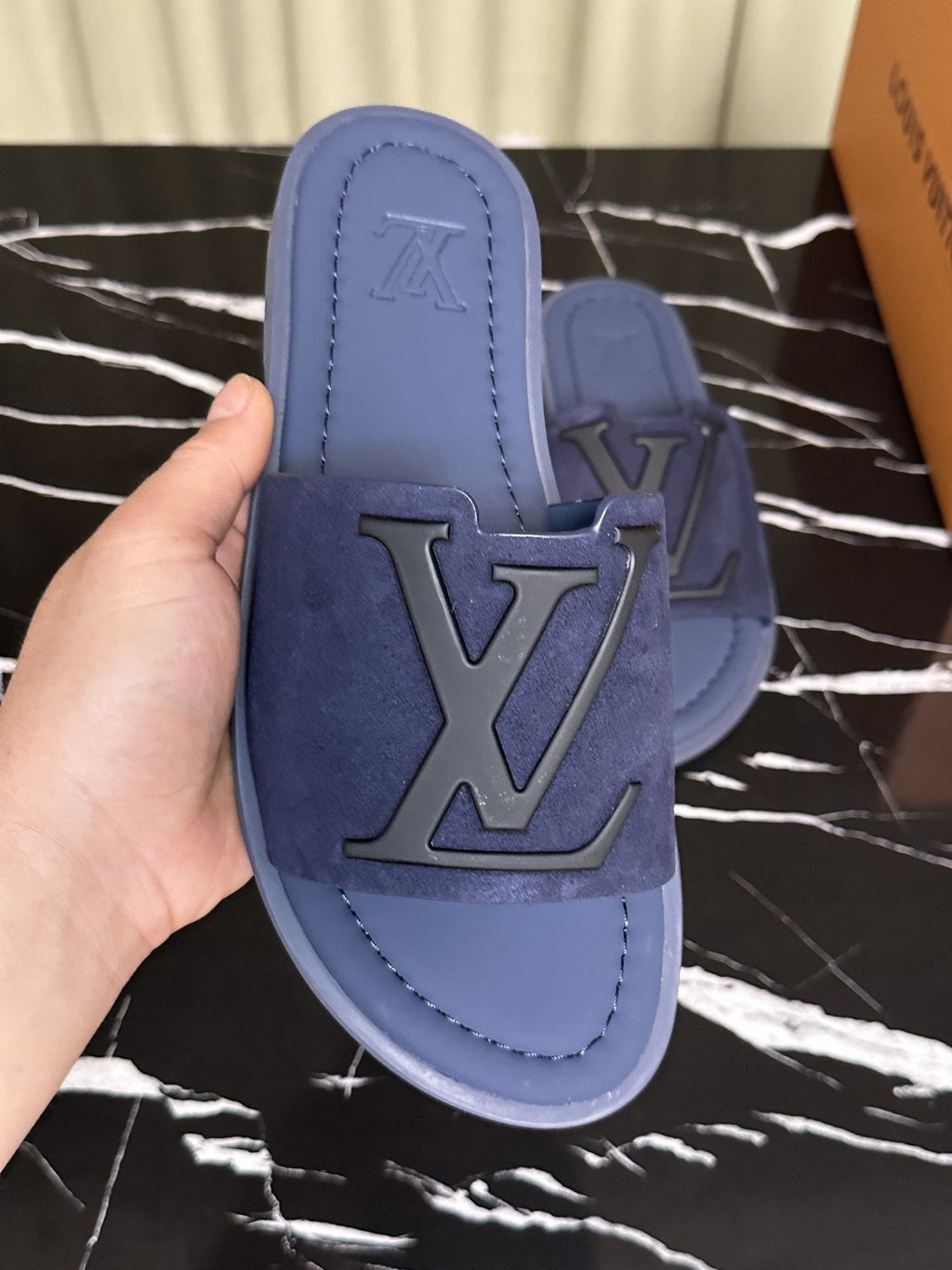 Louis Vuitton Navy Blue Logo Slide Sandals — detail