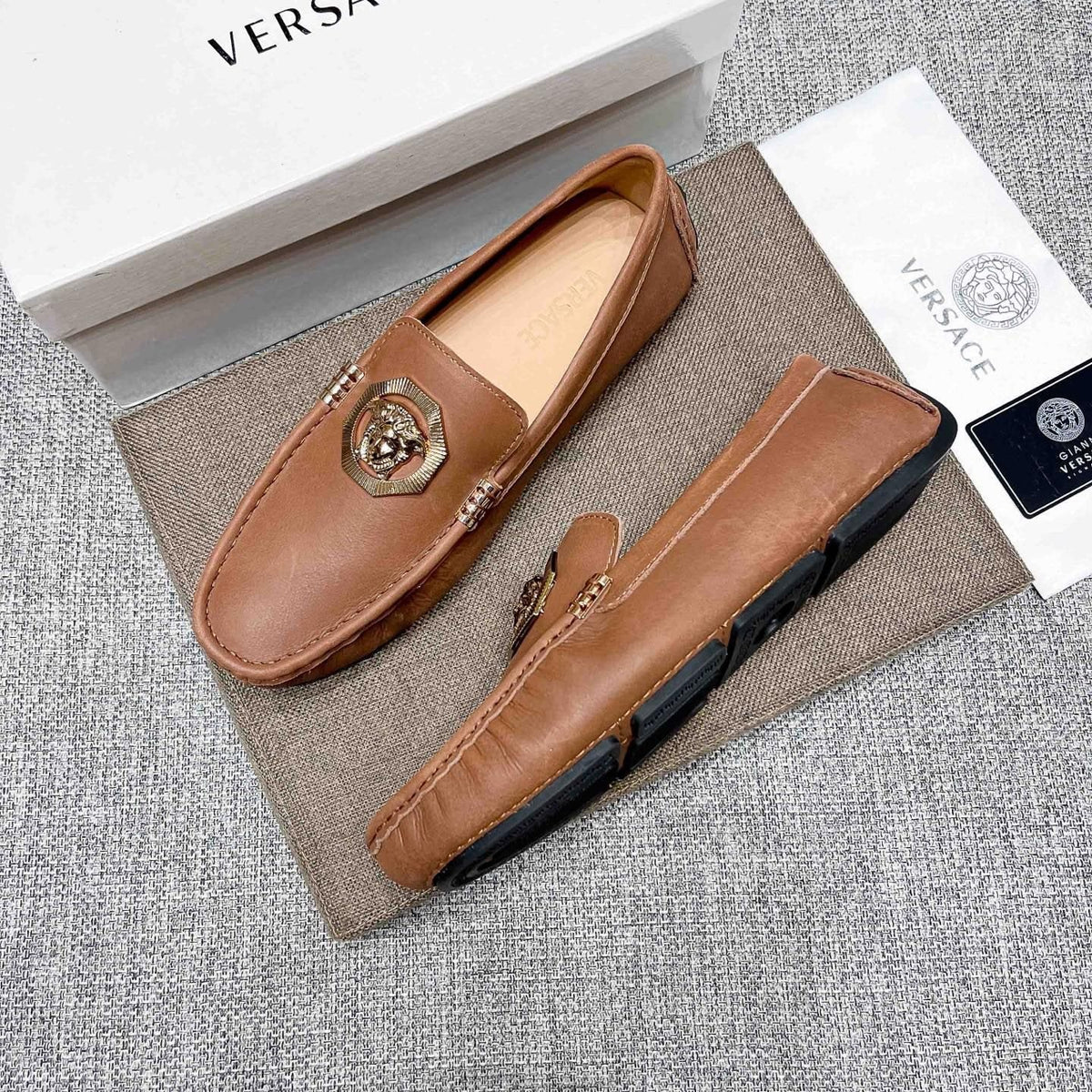 Versace Tan Brown Leather Driving Loafers — side