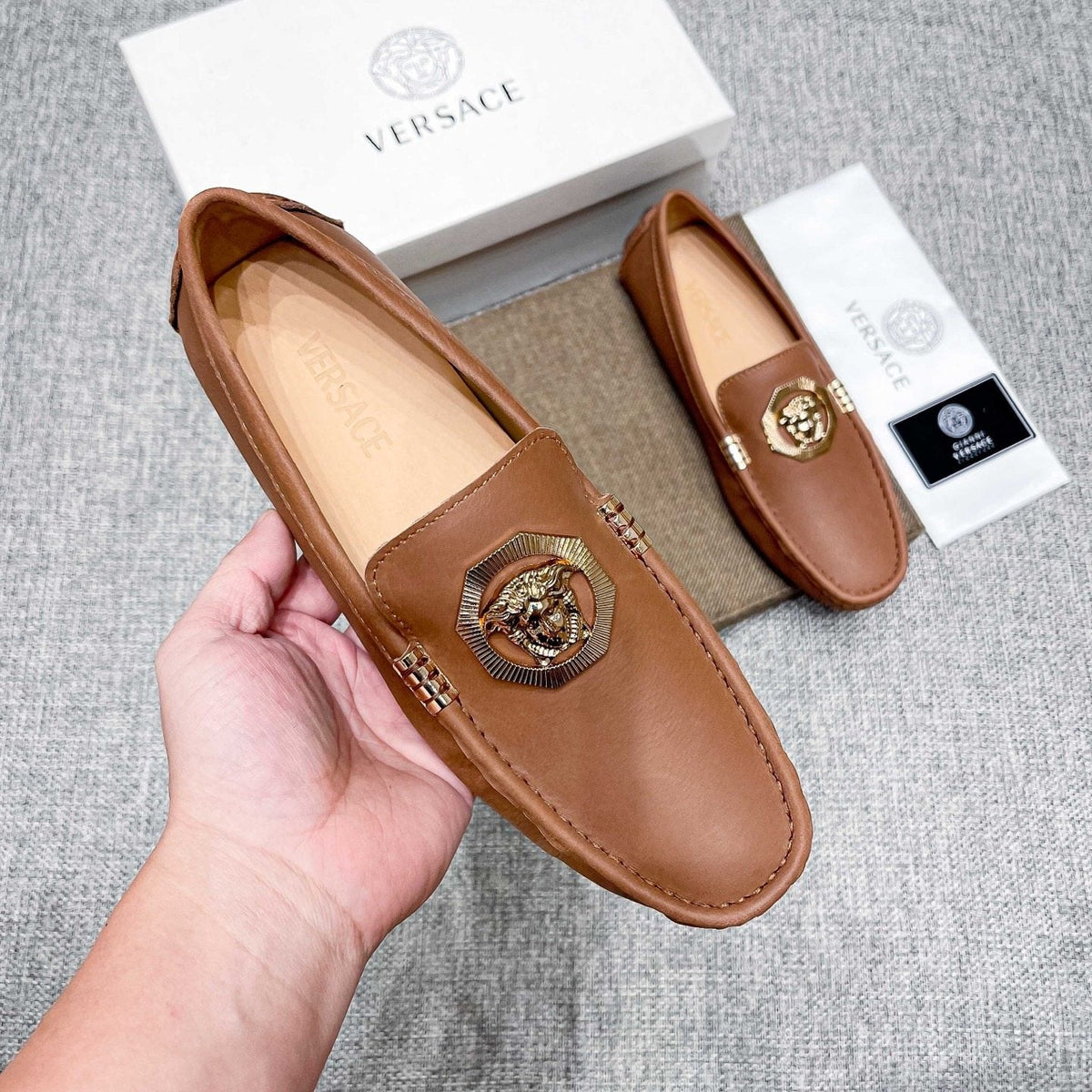 Versace Tan Brown Leather Driving Loafers — model