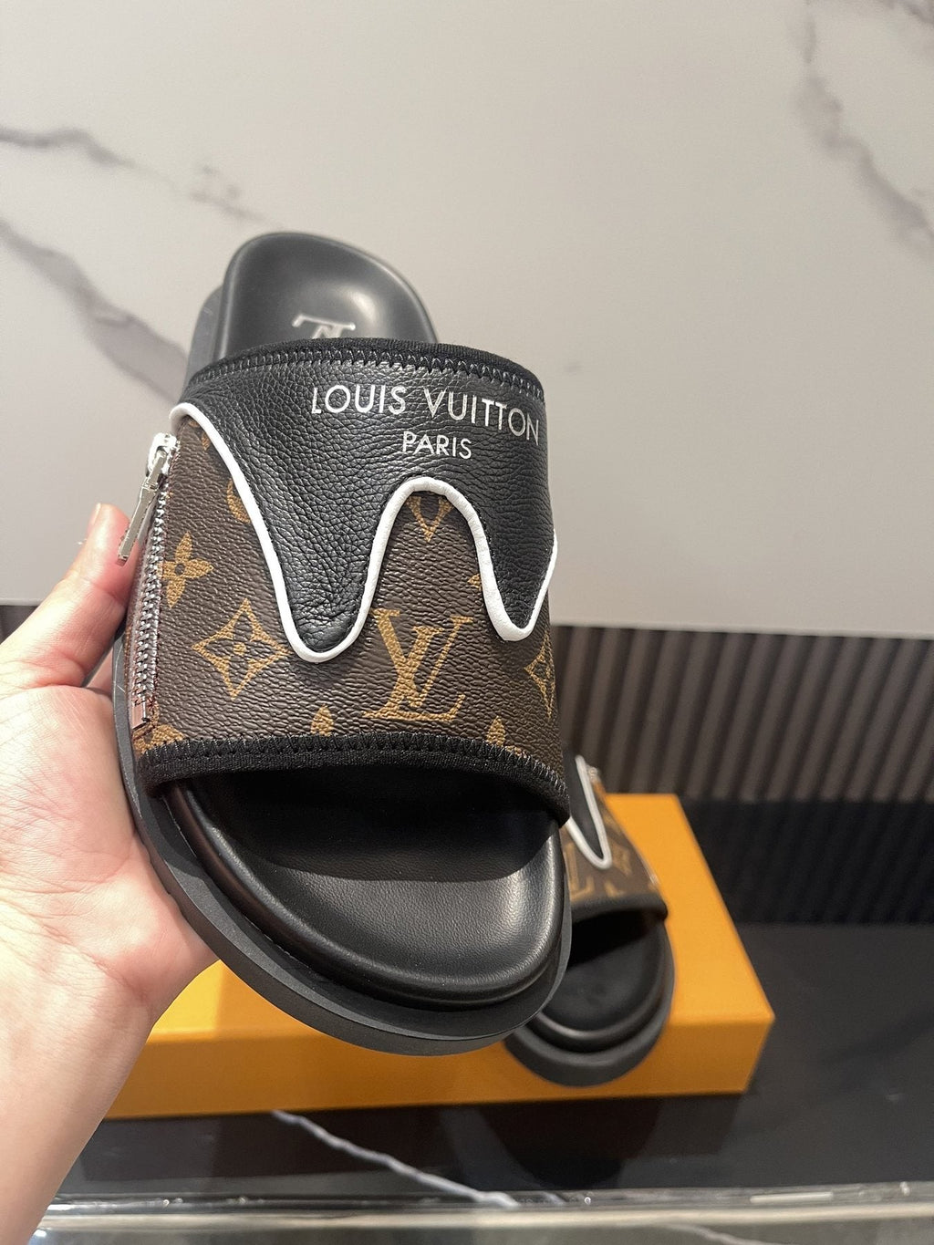 Louis Vuitton Brown Monogram Slide Sandals — front
