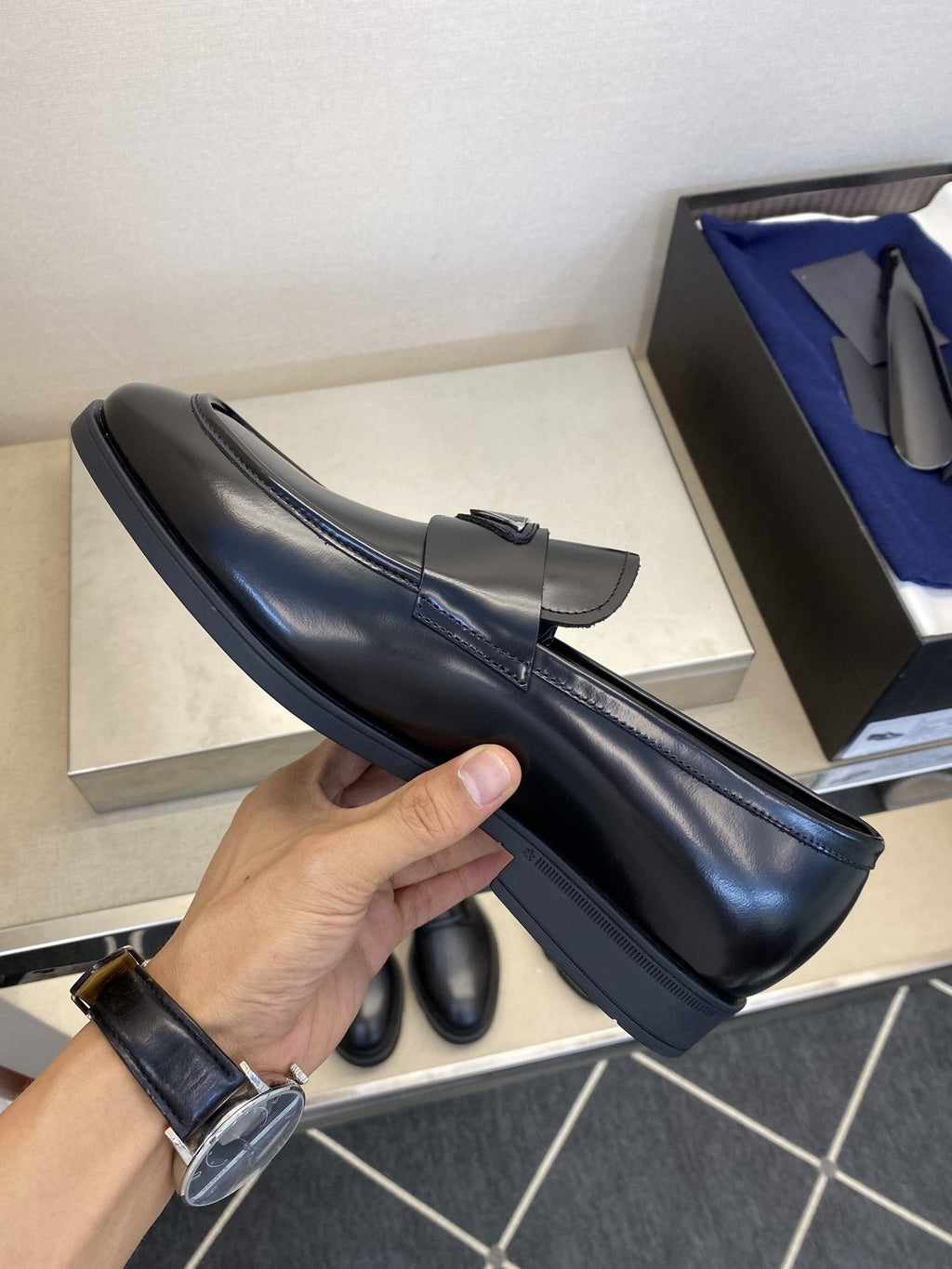 Prada Black Triangle Plaque Loafers — side