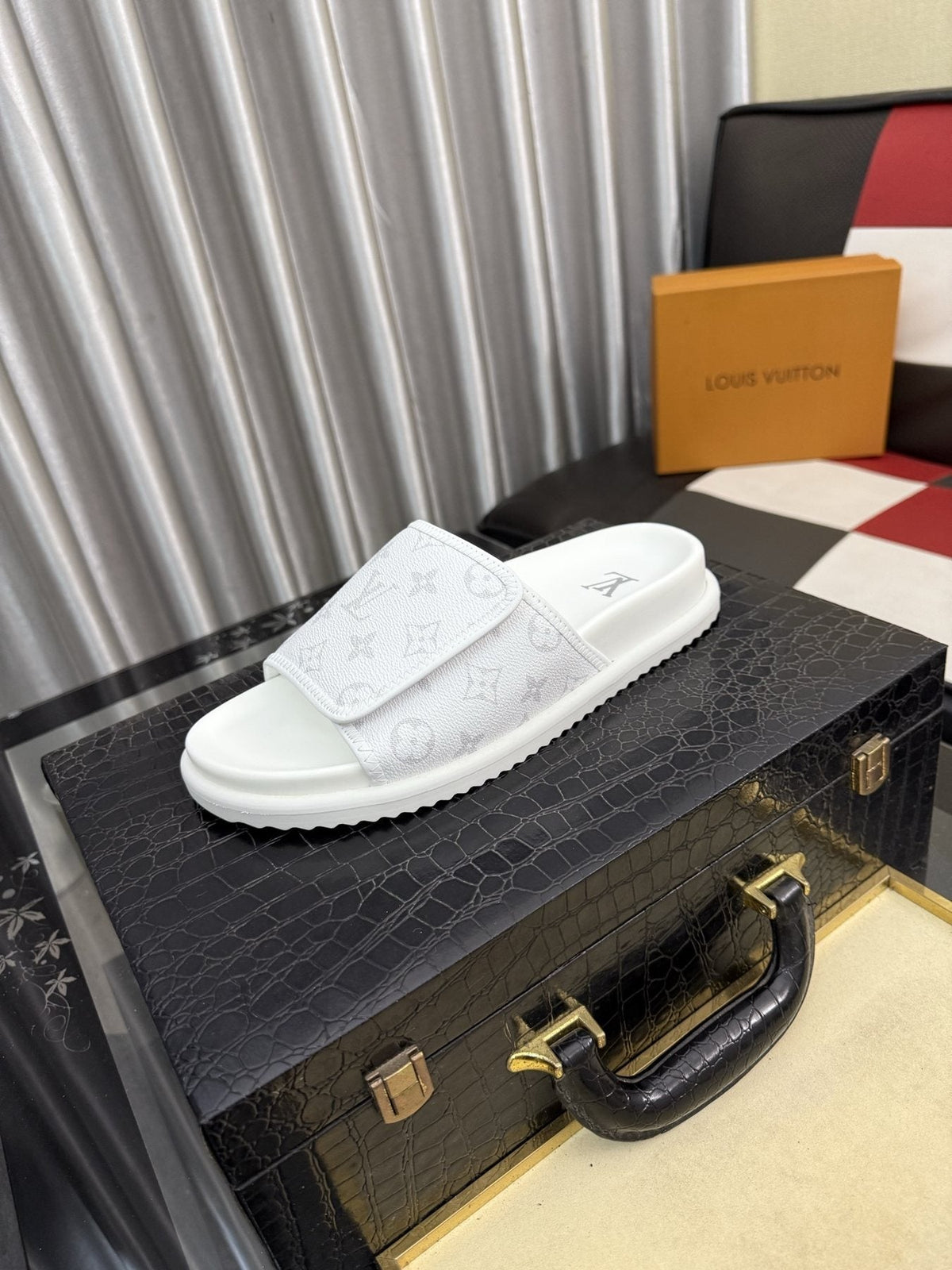 Louis Vuitton Light Gray Monogram Slide Sandals — front