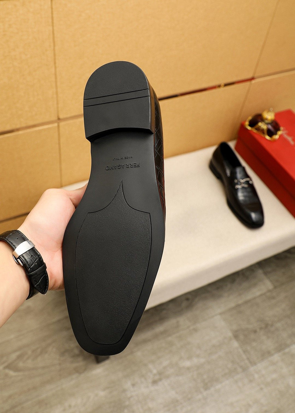 Ferragamo Black Embossed Bit Loafers — detail