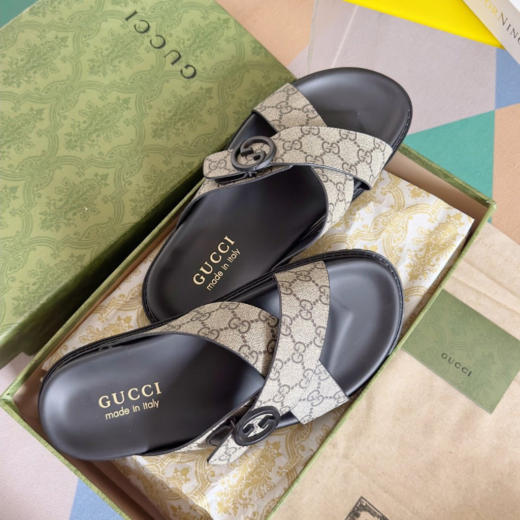 Gucci Beige Monogram Crossover Slide Sandals — front