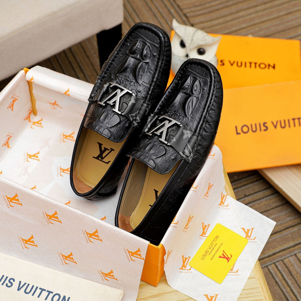 Louis Vuitton Black Embossed Driving Loafers — front