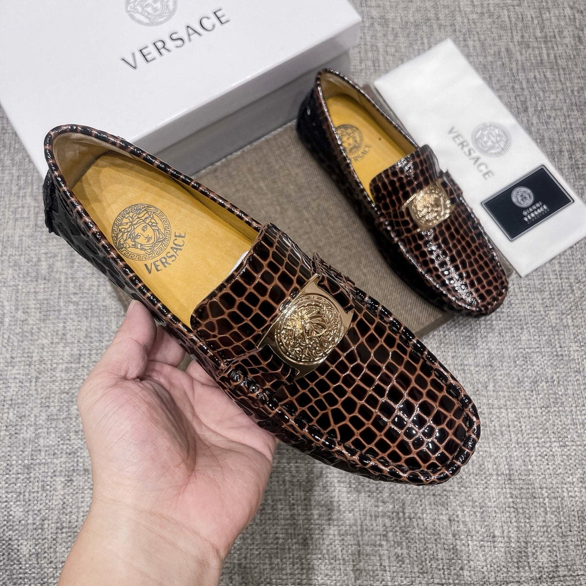 Versace Brown Embossed Medallion Loafers — model