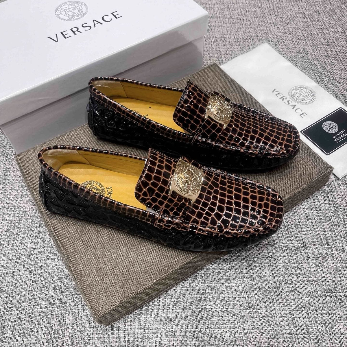 Versace Brown Embossed Medallion Loafers — front