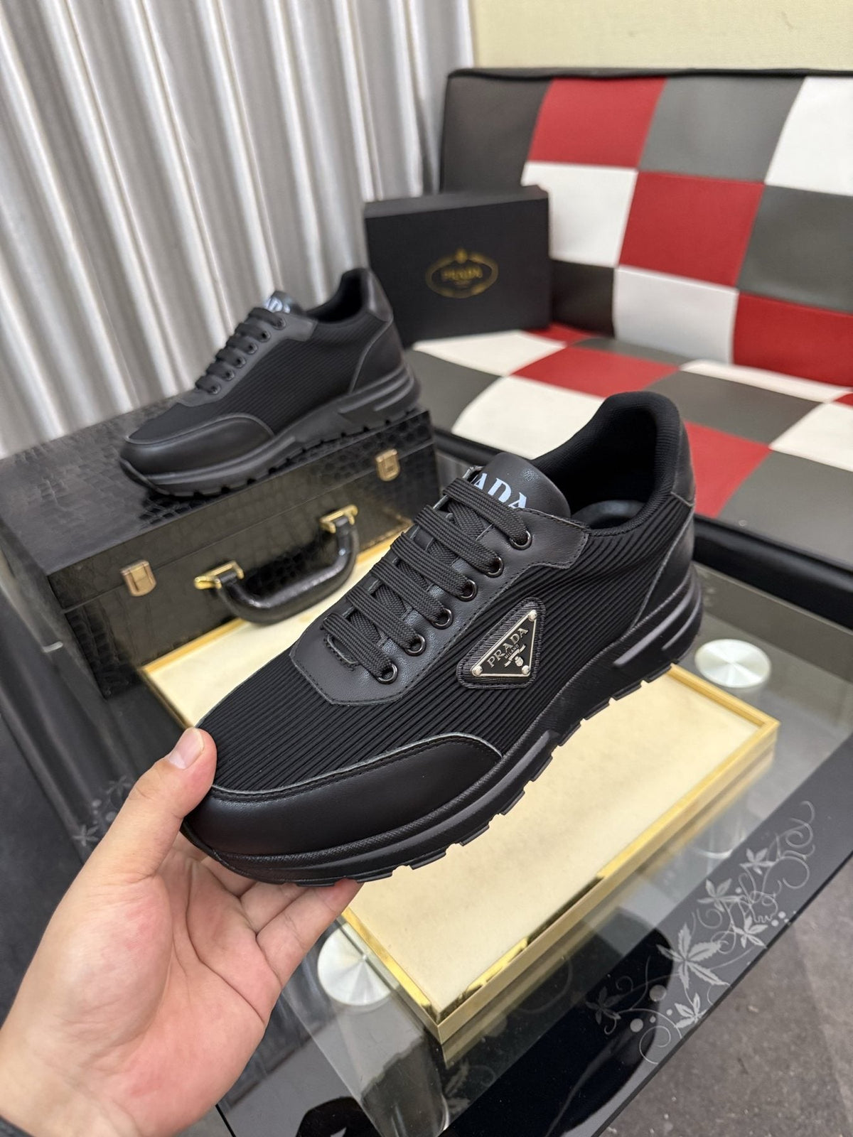 Prada Black Triangle-Detail Sneakers — side