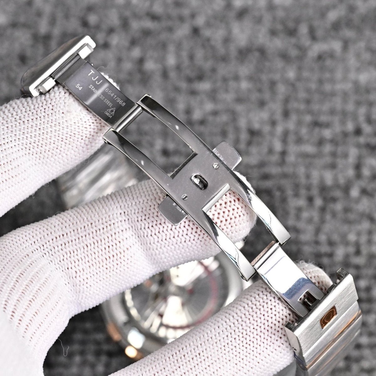 Omega Two Tone Silver Black Dial Bracelet Watch — detail