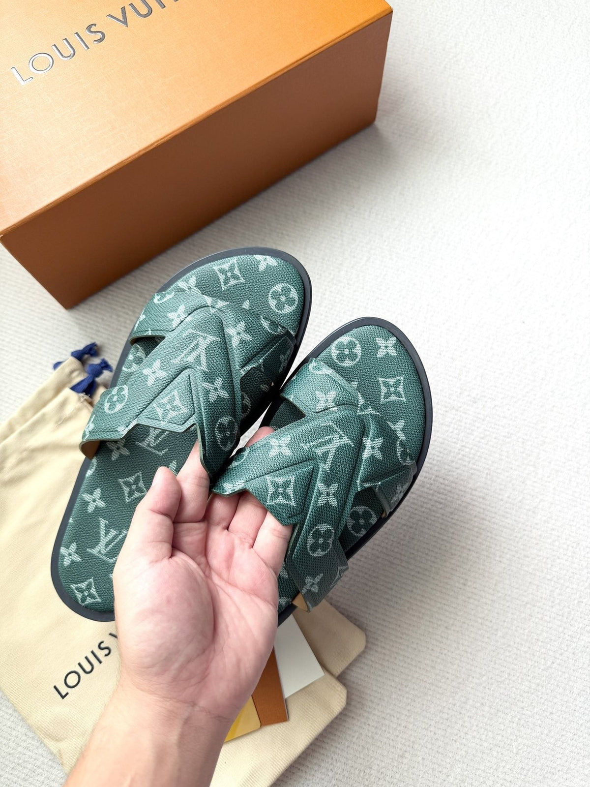 Louis Vuitton Dark Teal Monogram Slide Sandals — model