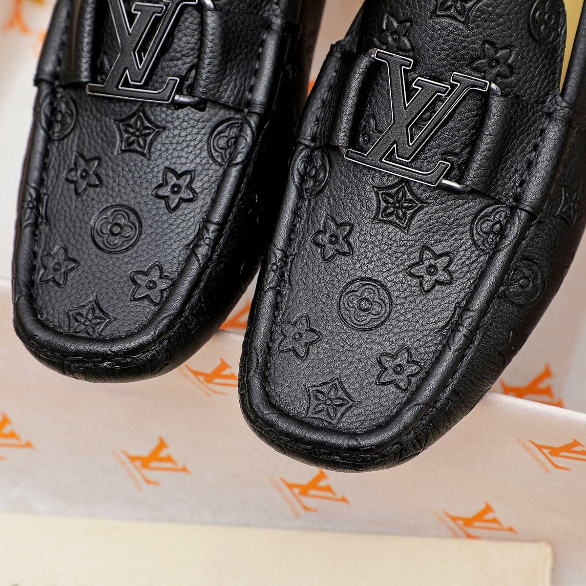 Louis Vuitton Black Embossed Driving Loafers — detail