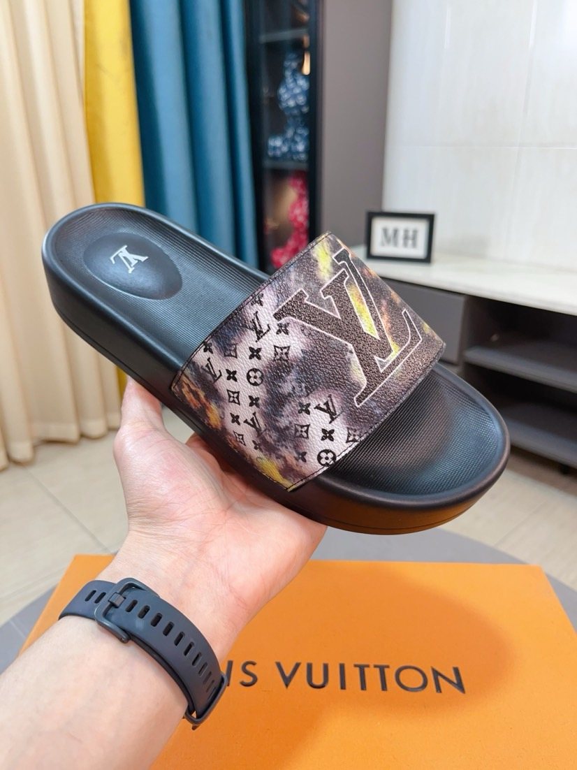 Louis Vuitton Brown Monogram Slide Sandals — model