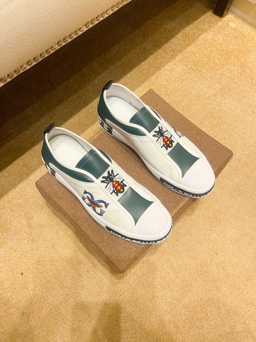 White & Dark Green Embroidered Slip-On Shoes — front