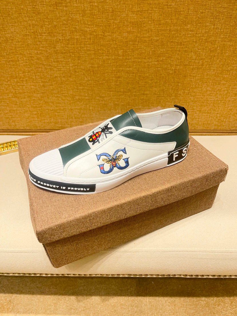 White & Dark Green Embroidered Slip-On Shoes — side
