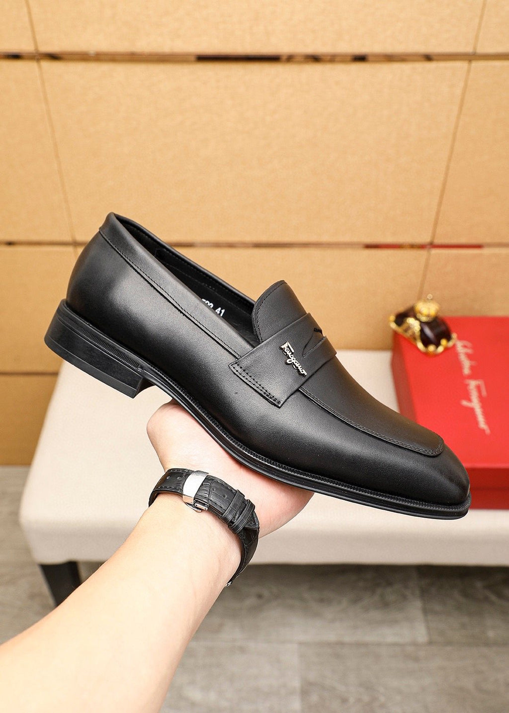 Ferragamo Black Metal Accent Loafers — model