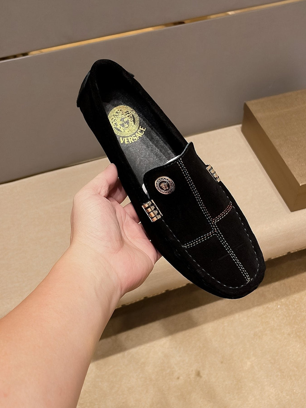 Versace Black Medallion Slip-On Loafers — front