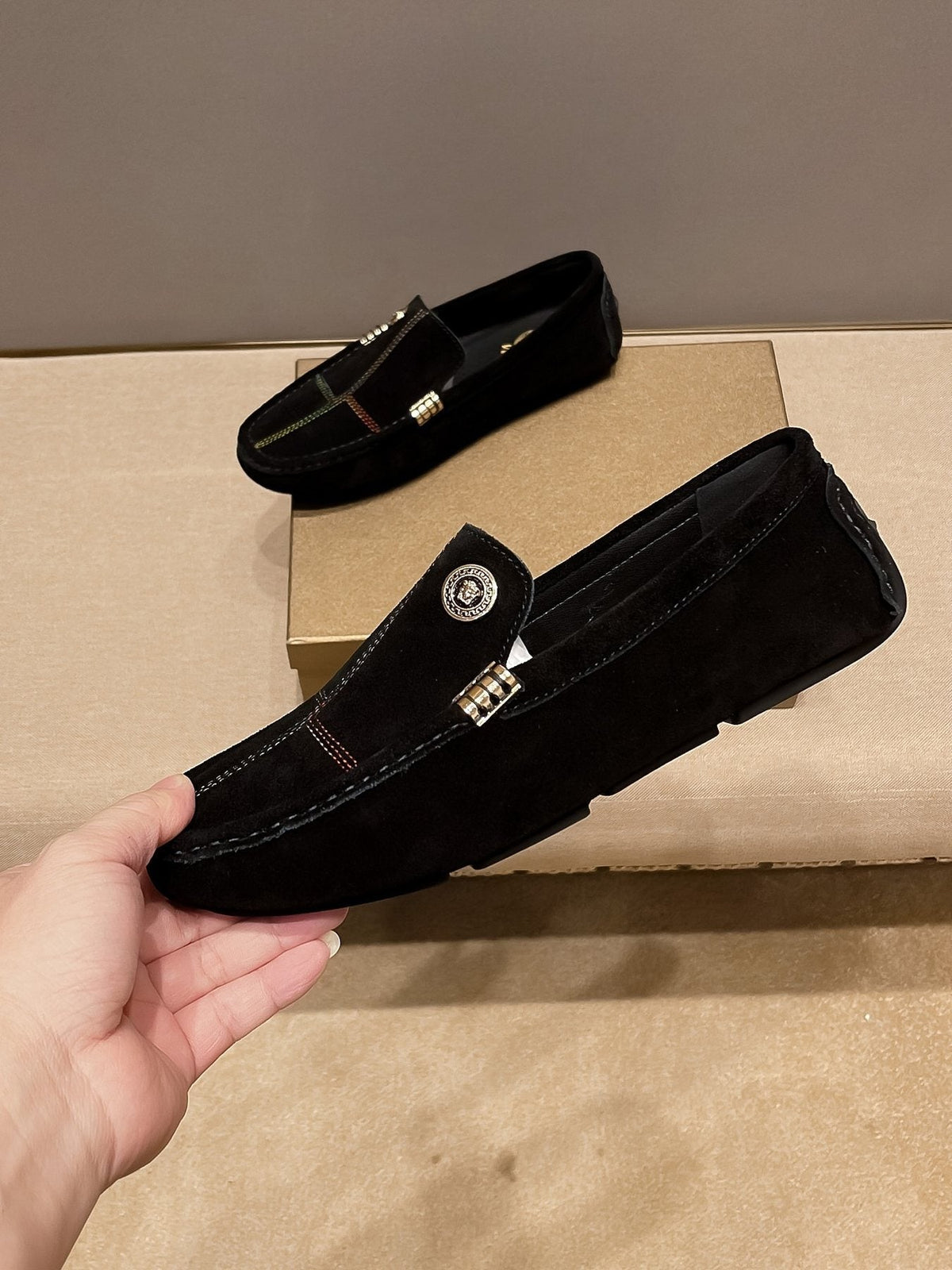 Versace Black Medallion Slip-On Loafers — side