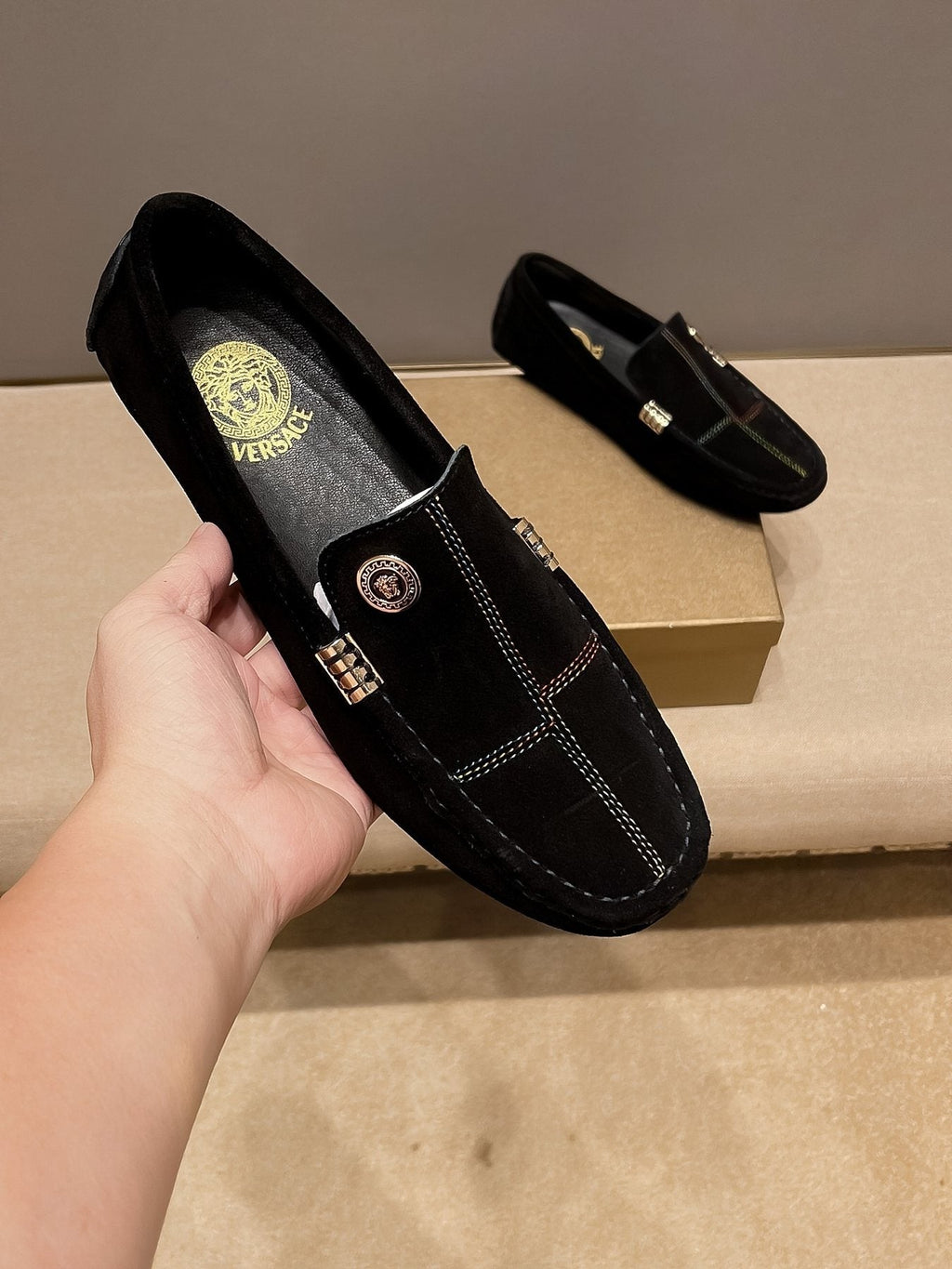 Versace Black Medallion Slip-On Loafers — front
