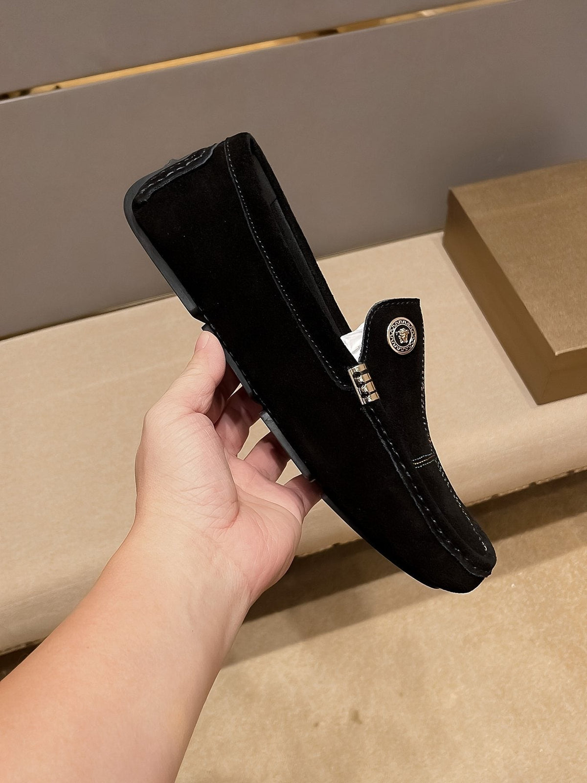 Versace Black Medallion Slip-On Loafers — side
