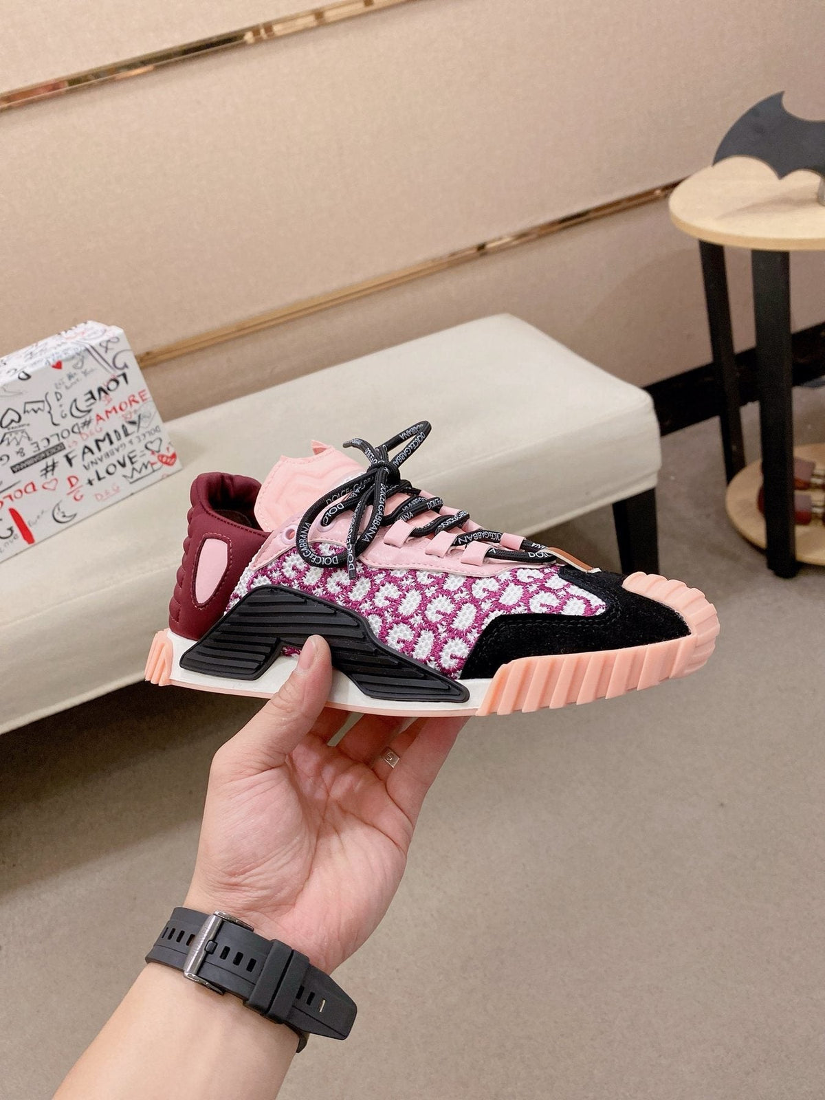 Dolce & Gabbana Pink Patterned Low-Top Sneakers — side