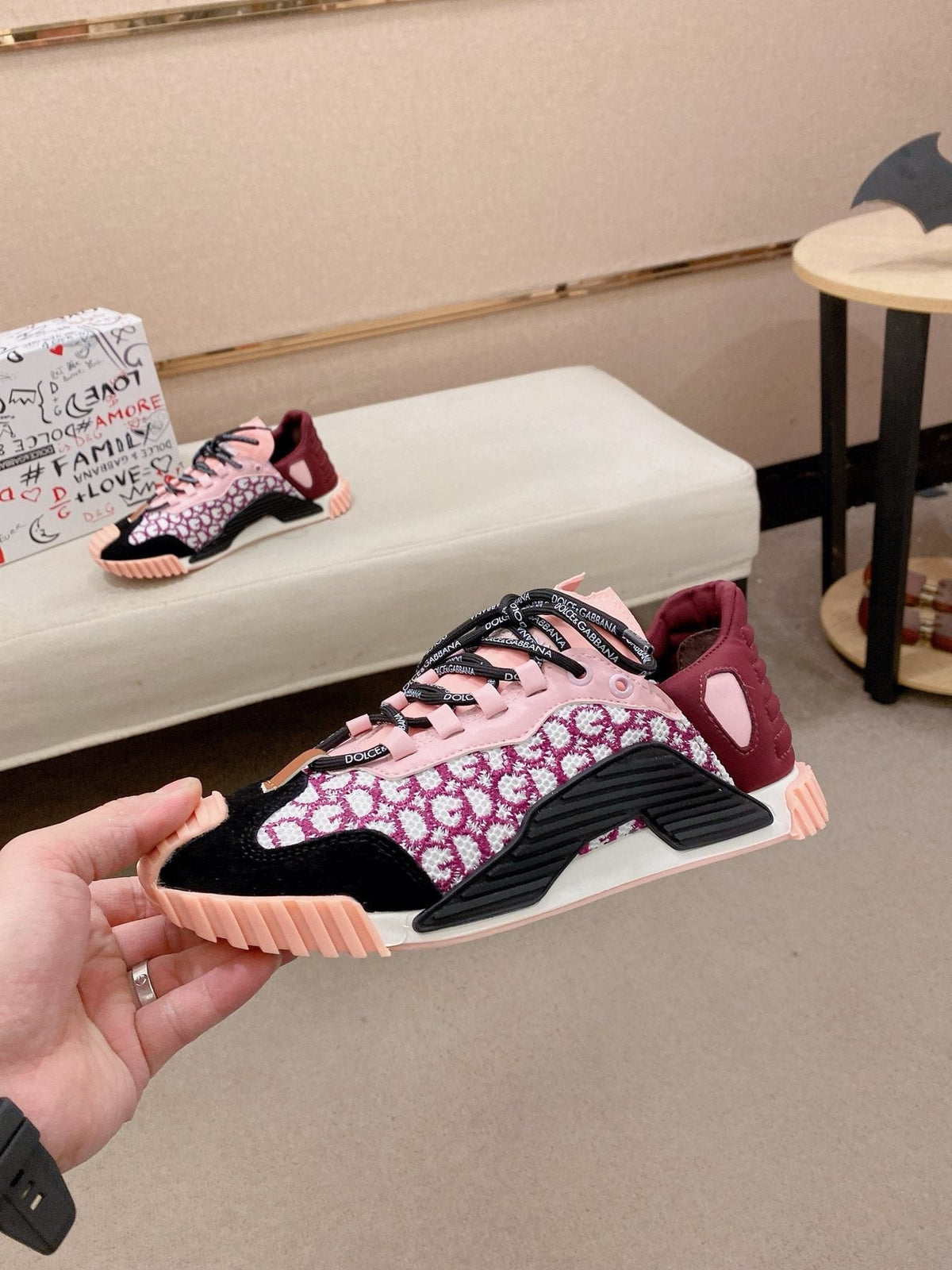 Dolce & Gabbana Pink Patterned Low-Top Sneakers — side
