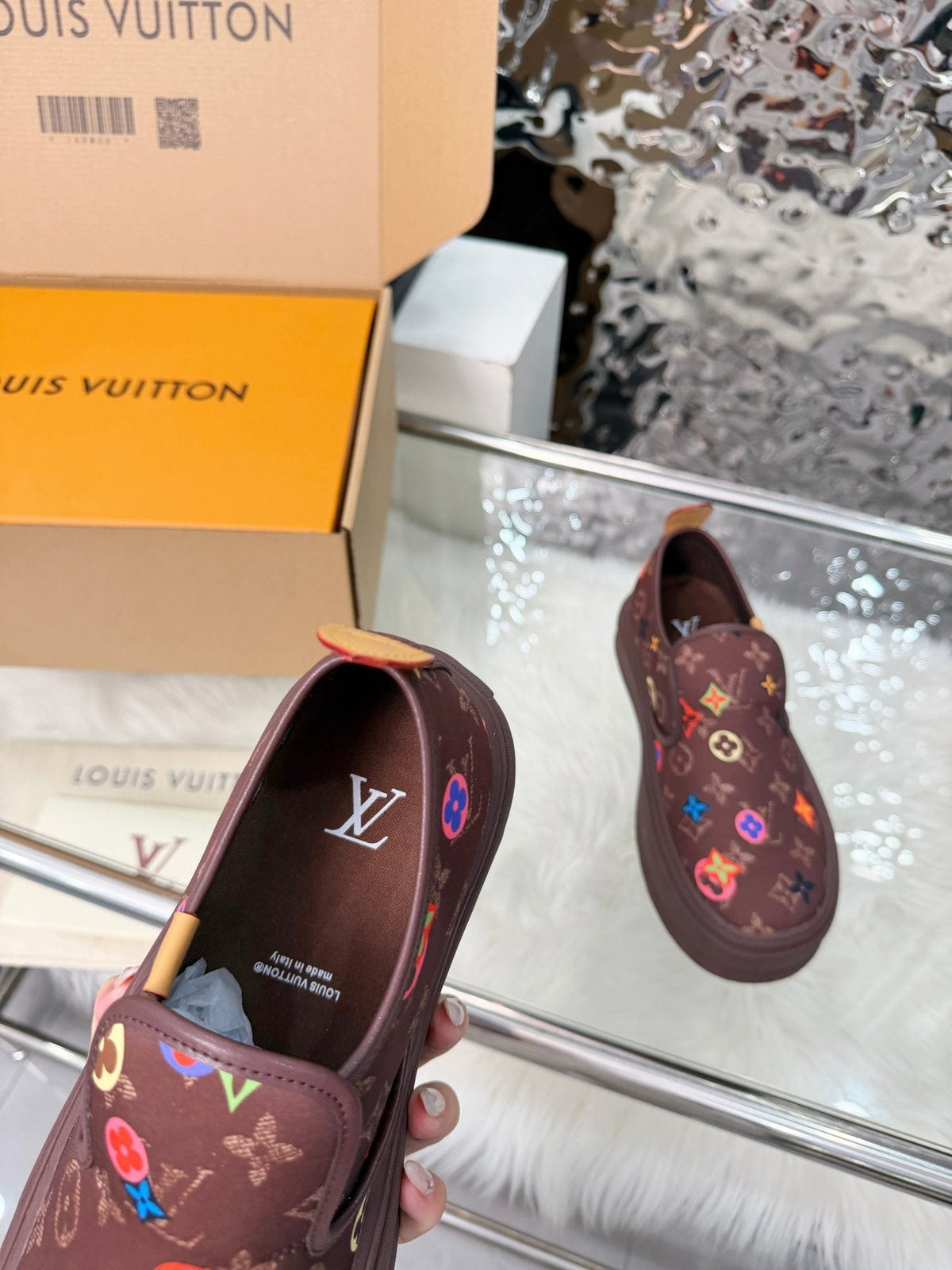 Louis Vuitton Dark Brown Multicolor Motif Slip-On Shoes — detail