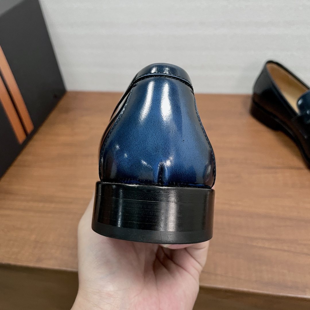 Zegna Dark Navy Leather Loafers — back