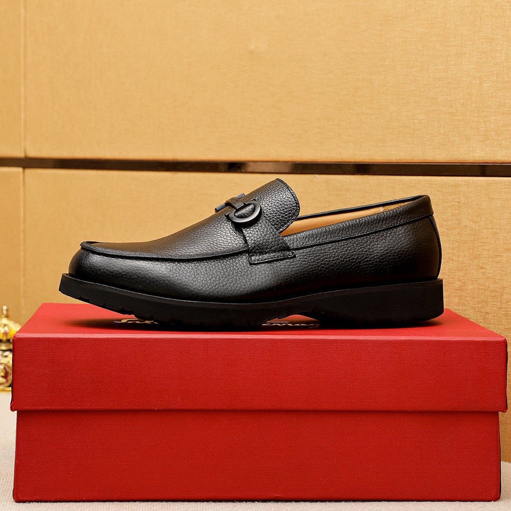 Ferragamo Black Textured Leather Slip-On Loafers — side