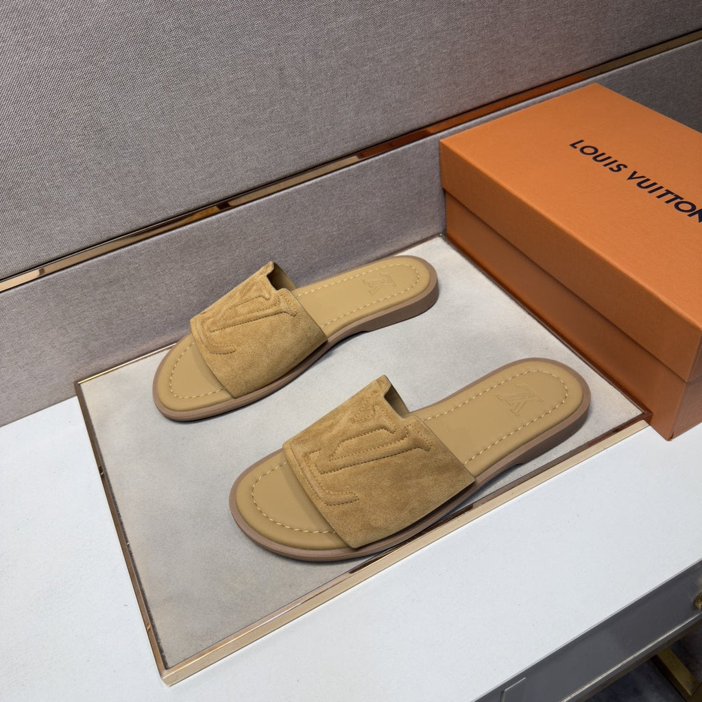 Louis Vuitton Tan Monogram Slide Sandals — front