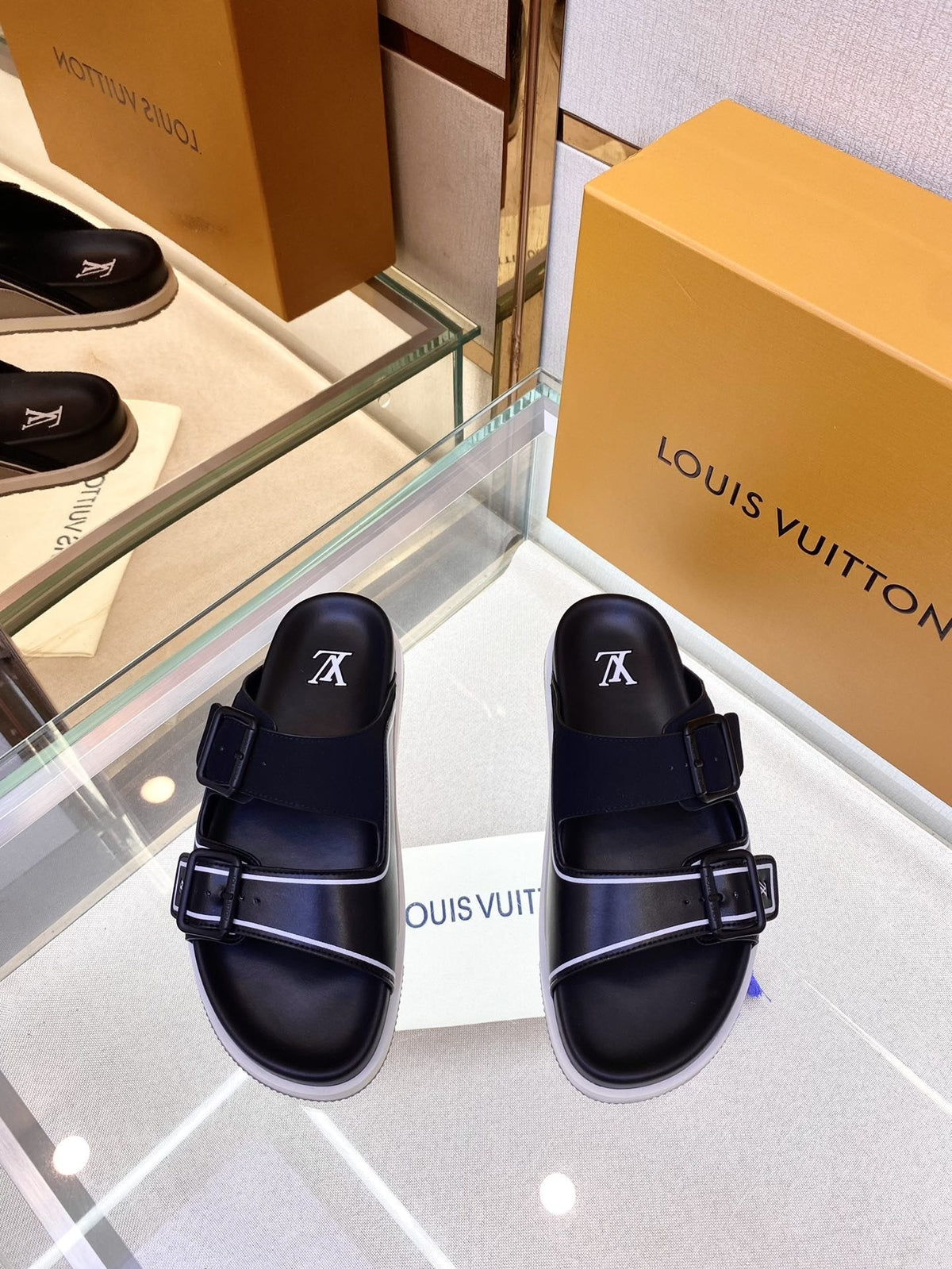 Louis Vuitton Black Two-Strap Slide Sandals — hero